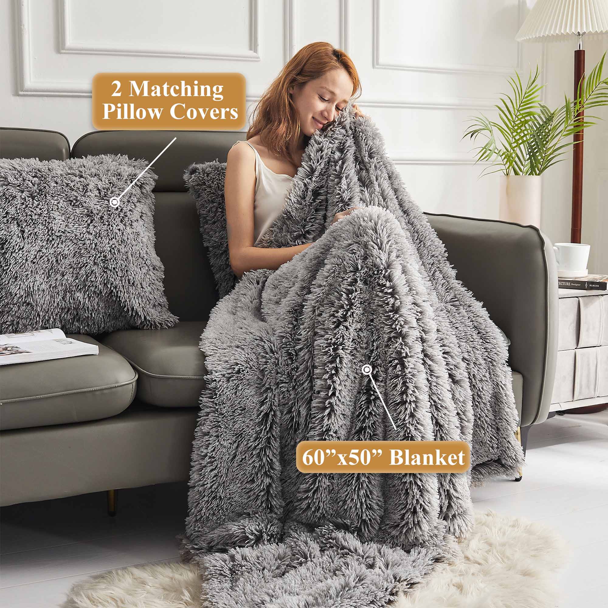 Luxury Ombre Faux Fur Throw Blanket Set 