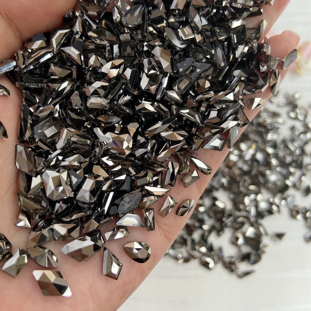 Decoración de uñas con diamantes de imitación de fondo plano con forma especial, mezcla de diamantes minerales negros, diamantes de imitación plateados Super Flash, paquete de 50