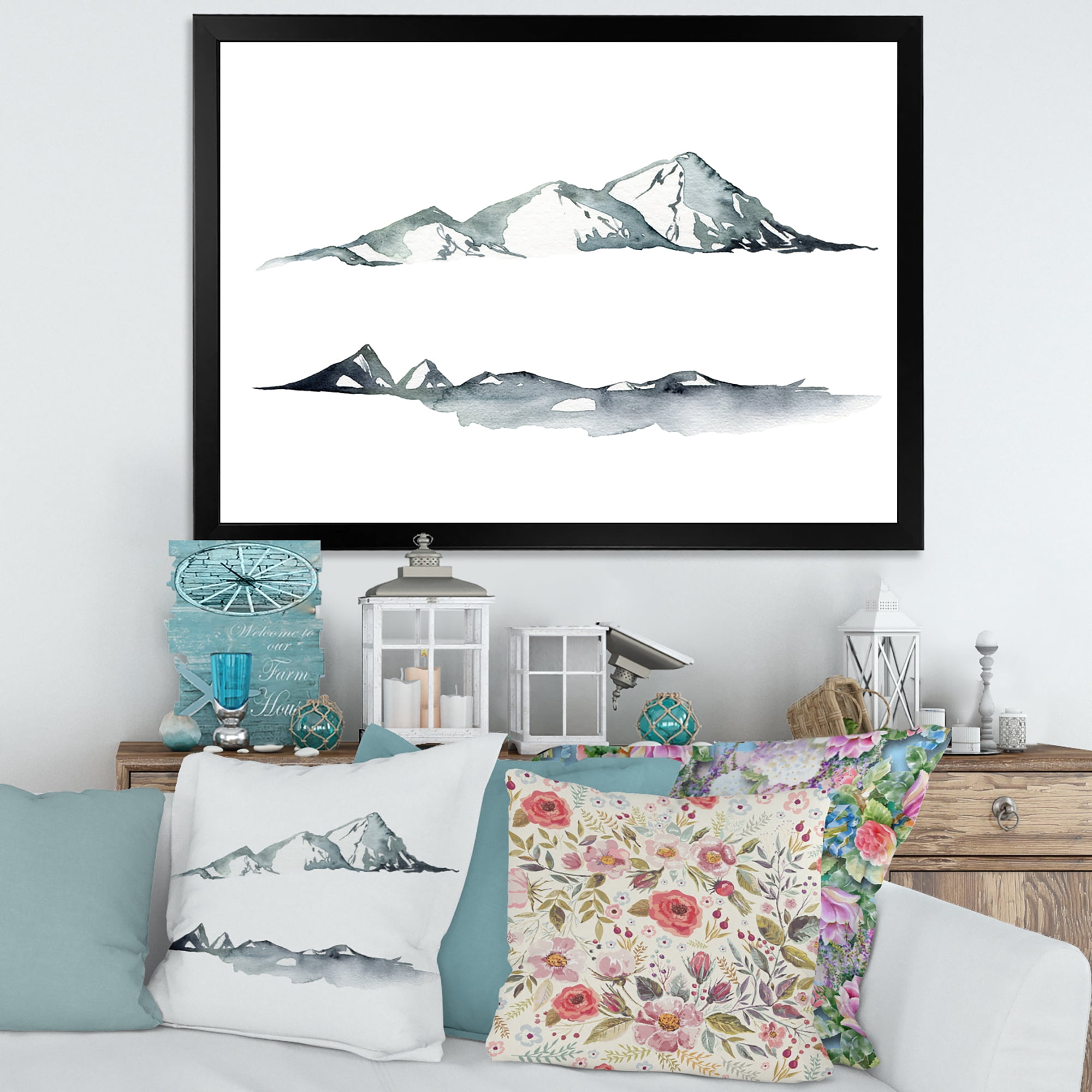 Designart 'Minimalistic Dark Blue Mountains Landscape' Modern Framed Art Print
