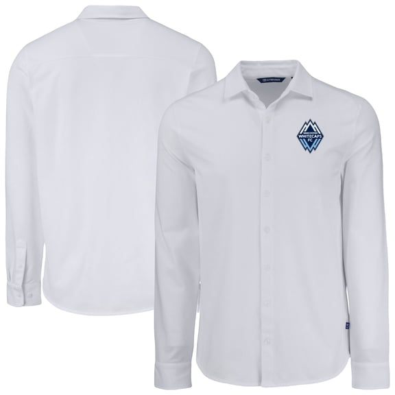 Men's-Cutter & Buck  White Vancouver Whitecaps FC Advantage Tri-Blend Eco Soft Pique Long Sleeve Knitted Button-Up Top