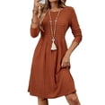 thumbnail image 3 of Women's Casual Sweater Dress Crew Neck Knit Long Sleeve Dress A-Line Knee Length Fall Winter Dress Orange M, 3 of 10