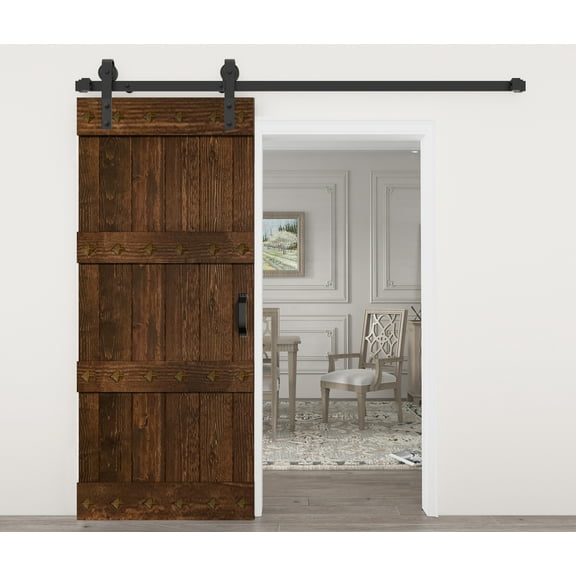 Mid-Century Style 30in.X 84in.  Kona Coffee Knotty Pine Wood Barn Door with  Hardware Kit