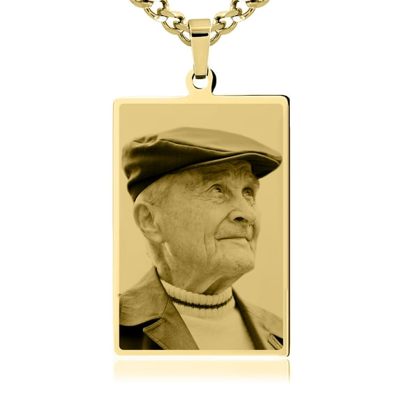 Photos Engraved - Pendentif Rectangulaire Gravé sur Photo en Acier Inoxydable Plaqué Or - Gravure Latérale Libre - Chaîne de 18 Pouces Incluse - W-LRST-IP