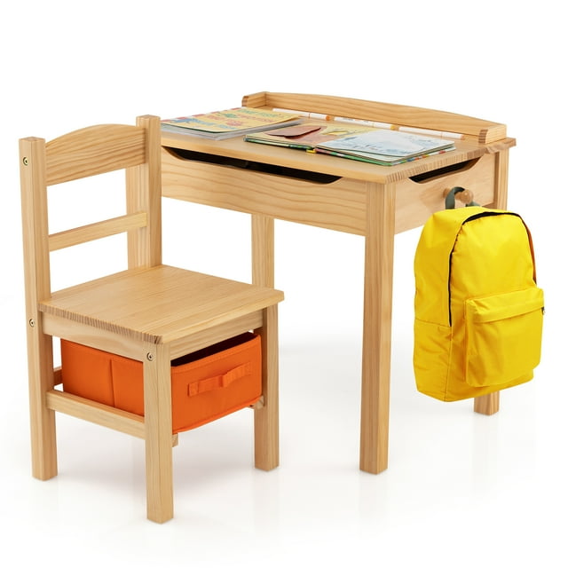 Gymax Ensemble Table et Chaise pour Enfants en Bois Bureau d'Activités et d'Étude avec Tiroir de Rangement et Crochet Naturel