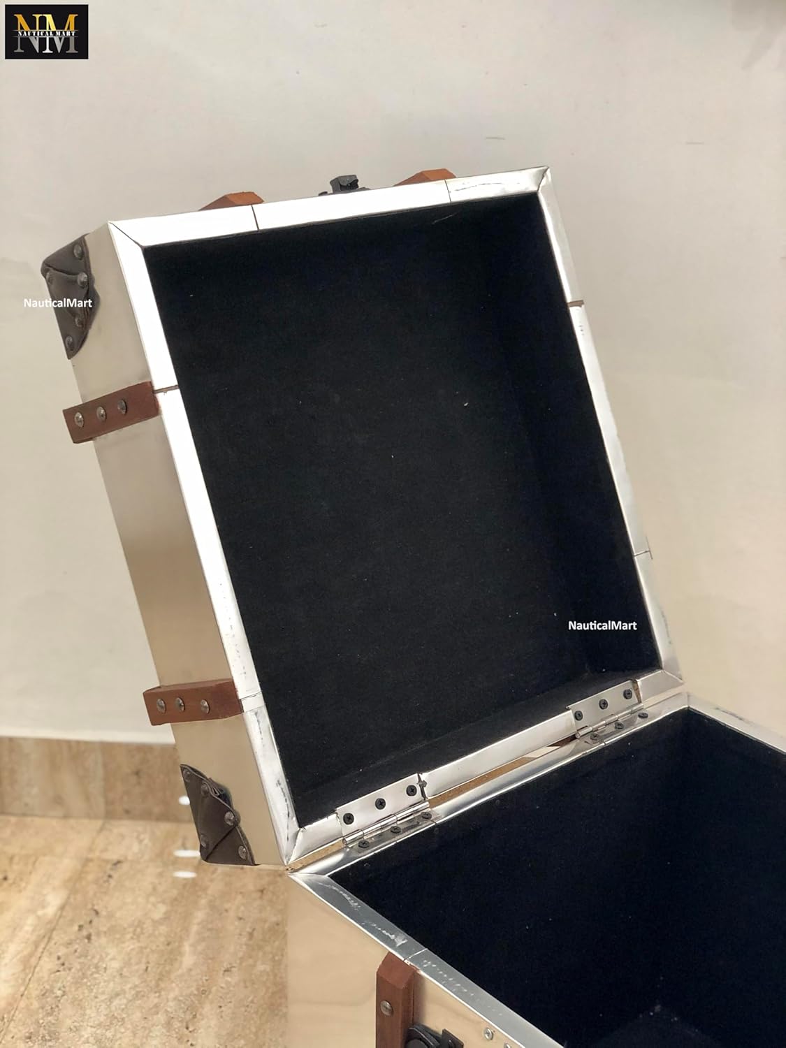 NauticalMart 26" Aviator Luggage Trunk Side Table - Vintage Aluminum & Wood, 2 Soft-Close Drawers, Brown