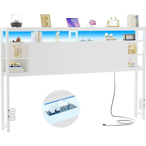 Aheaplus King Size Headboard with Storage, Headboards with Power Outlet and RGB LED Light, Sturdy and Stable King Headboard Only for Bedroom, Dorm Room, Guest Room, White