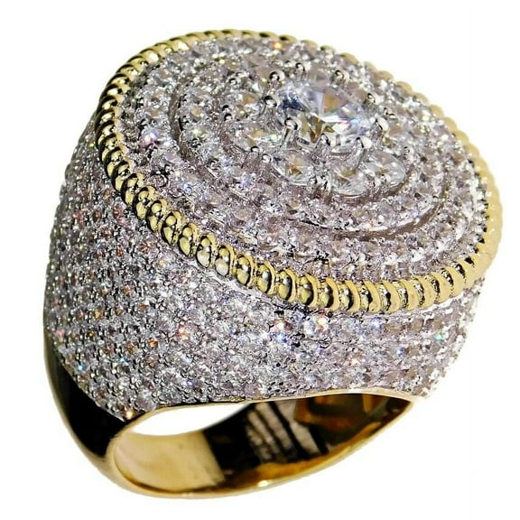 Men's Flower Cluster Pinky Ring 20MM 14K Gold Plated 2-Tone Round CZ Micro Pave Size 9