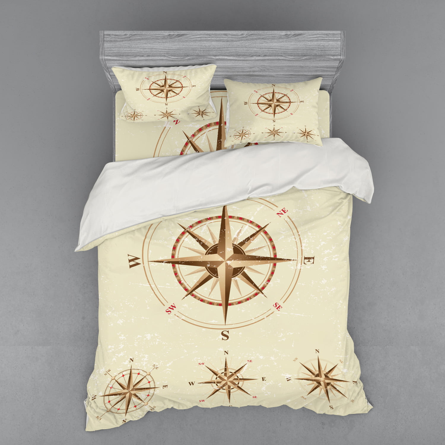 LEO BON Compass Duvet Cover Set Full Size Four Different Compasses in Retro Colors Discovery Equipment Where Nautical Marine Floral Duvet Cover and Pillow Shams Bed Set Beige Tan