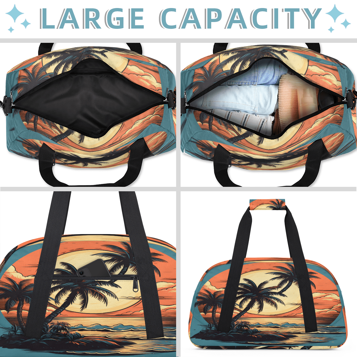 Herdesigns Ocean Sports Duffle Bag for Women & Men, Palm Trees Beach Summer Gym Bag Dance Bag Overnight Bag Carry On Weekender Travel Bag
