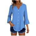 thumbnail image 1 of Craaazy Women's Relaxed Fit V Neck Blouse, Solid Color 3/4 Sleeve Flare Cuff Top, Loose Comfy Button Accent Casual Tee for Spring & Summer Gifts, 1 of 7