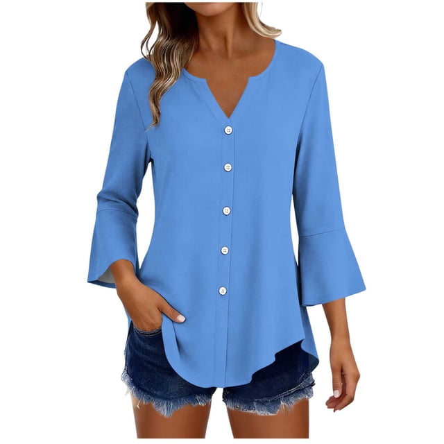 Craaazy Women's Relaxed Fit V Neck Blouse, Solid Color 3/4 Sleeve Flare Cuff Top, Loose Comfy Button Accent Casual Tee for Spring & Summer Gifts