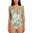 thumbnail image 2 of Yiaed Vintage Utensils Print Women's Ruffled One Piece Swimsuit V Neck Swimwear Slimming Monokini for Woman-Small, 2 of 8