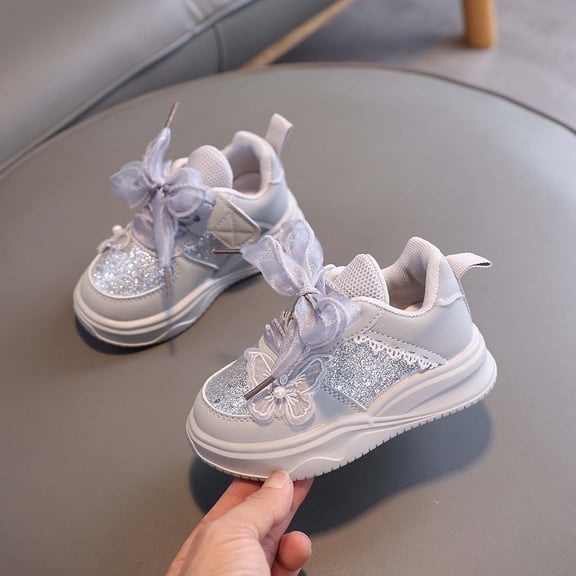 ZHOGXU Toddler Kids Girls Sneakers Non Slip Flat Sole Soft Sole Bow Design Sequins Lightweight Breathable Walking Shoes For Casual Daily Wear,Grey,12-18 Months
