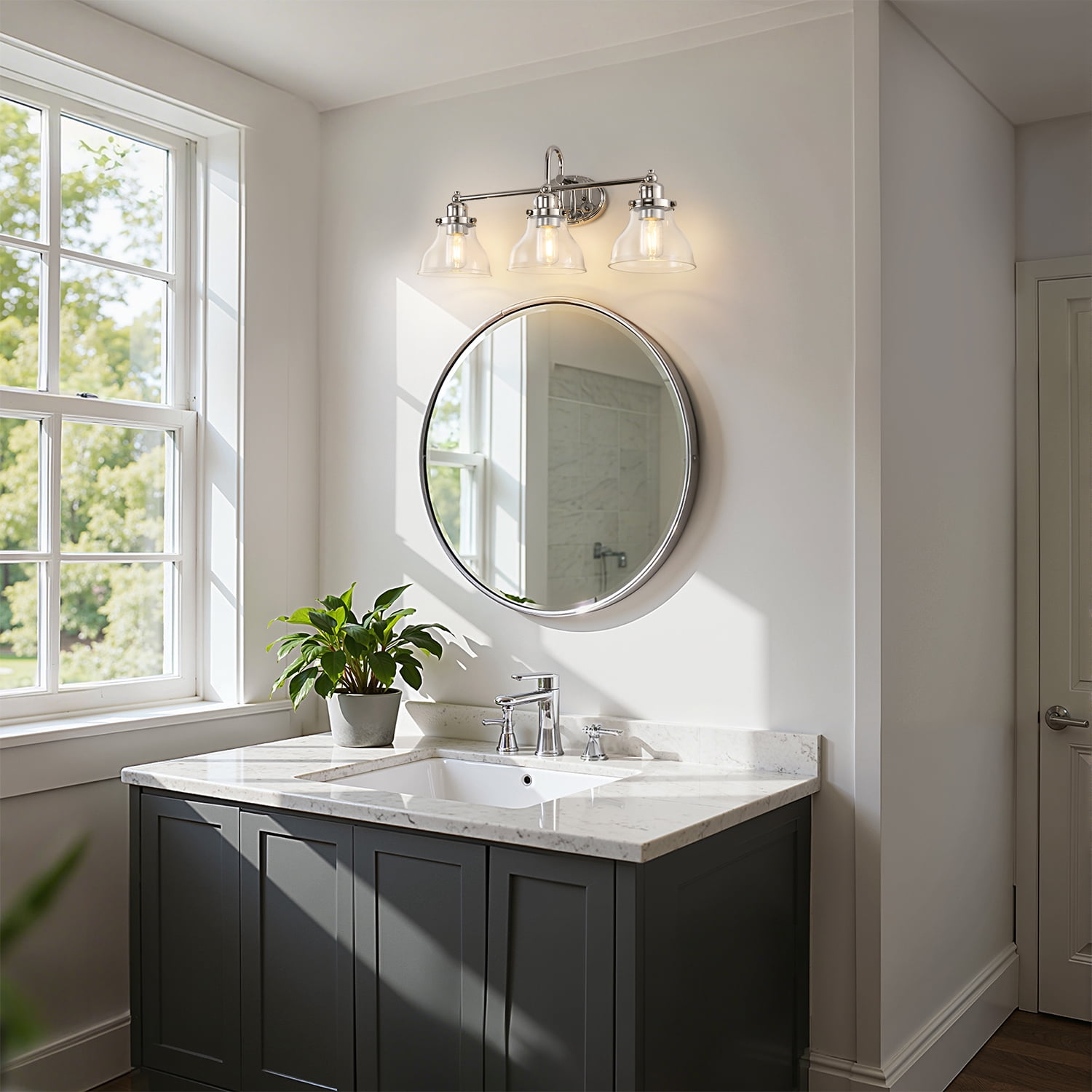 YANSUN 24.3 in 3-Light Vintage Chrome Vanity Light with Clear Glass Shades for Bathroom Vanity Table(Bulbs Not Included)