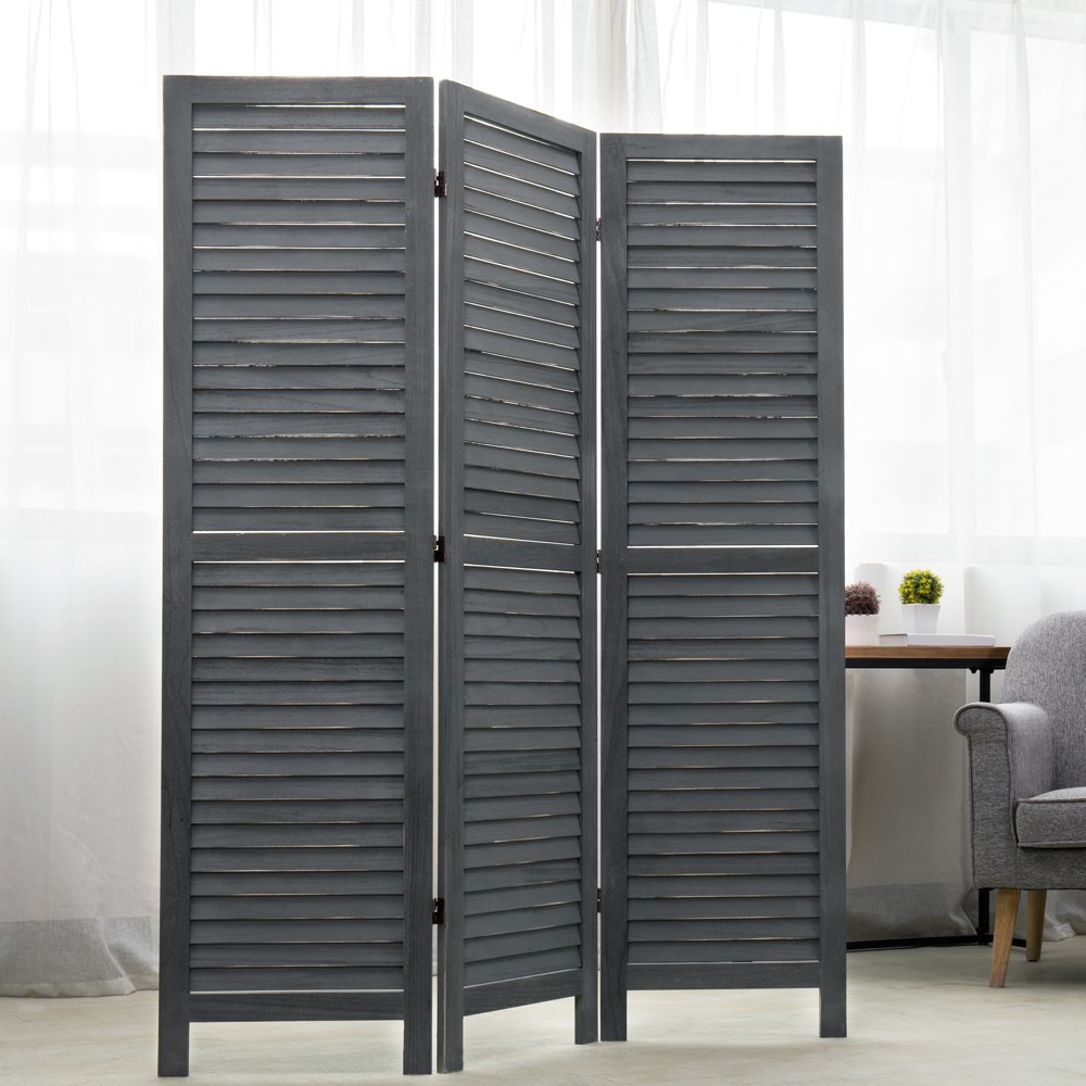 MyGift 3Panel Grey Wood Louvered Folding Room Divider