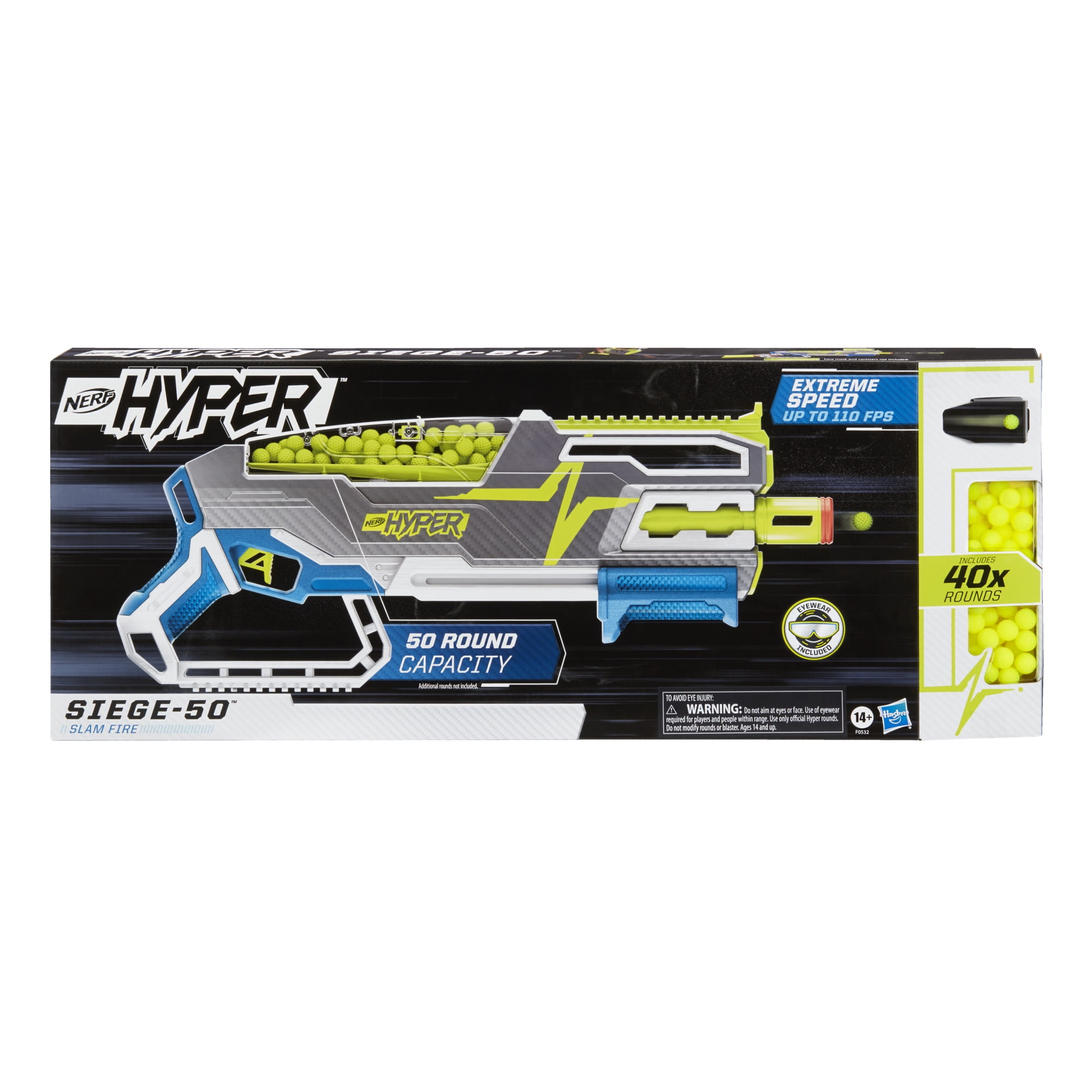 Nerf Hyper Siege 50 Pump Action Ball Dart Blaster with 40 Hyper Rounds For Outdoor Games Ages 14 and Up