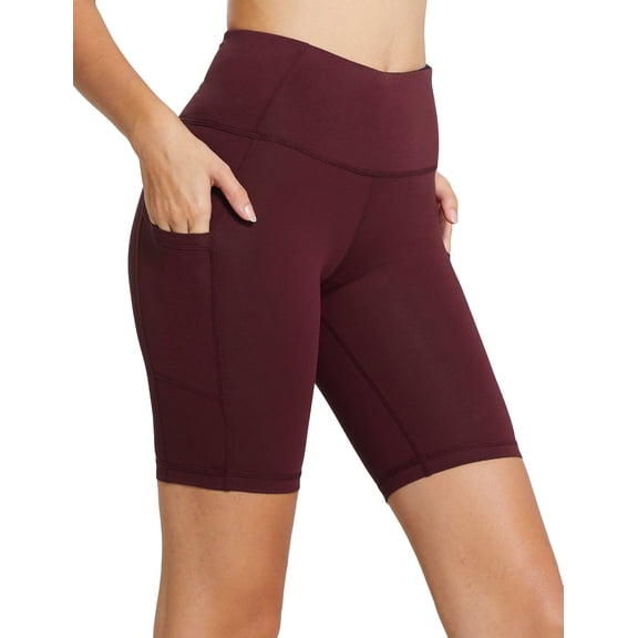 BALEAF Biker Shorts Women Yoga Gym Workout Spandex Athletic Running Volleyball Tummy Control Compression with Pockets 8" Wine Red XXXL