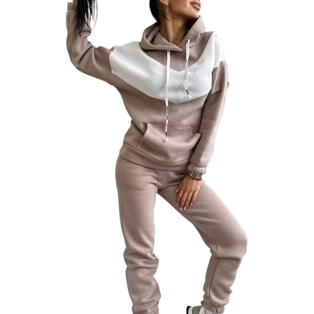 Innerwin Two Piece Outfit Long Sleeve Women Jogger Set Fitness Elastic  Waist Loungewear Sweatsuits Khaki XL 