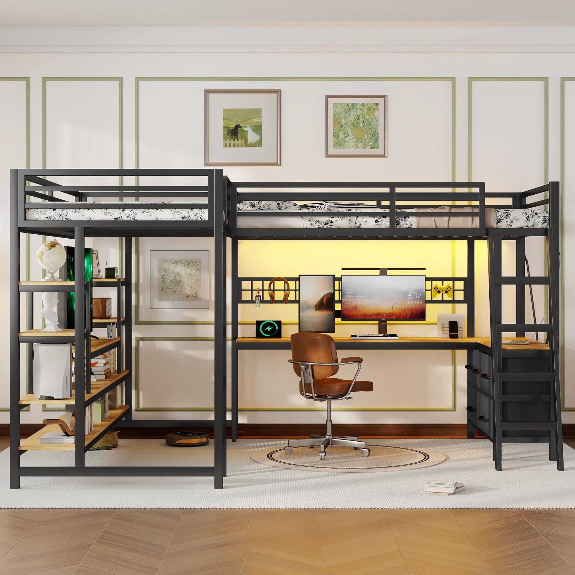 HOQBN L-Shaped Loft Bed Twin Size with 2 Built-in Desks and Show Shelves, Heavy Duty Metal Gaming Loft Bed with 5 Drawers, LED Lights, Charging Station and DIY Grid,Black