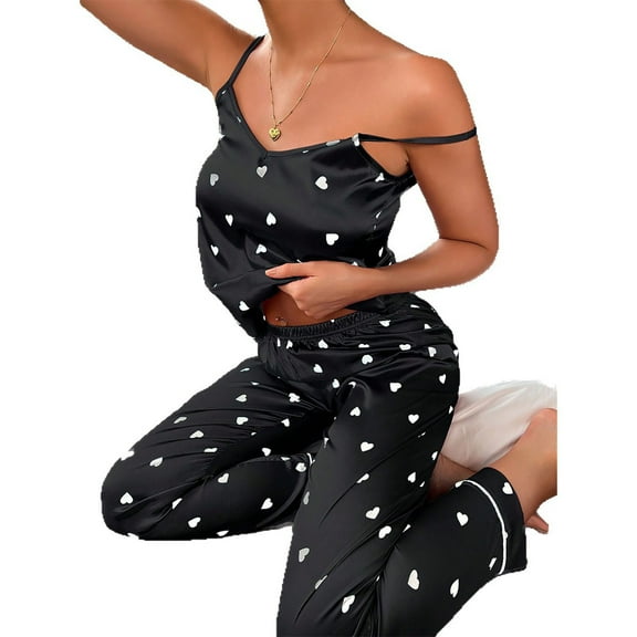 Tnhcen Women's Ice Silk Spaghetti Strap Pajama Set with Heart Print & Long Pants Lounge Wear Soft Stretchy Sleepwear for Women S-XL Sizes Cozy Homewear