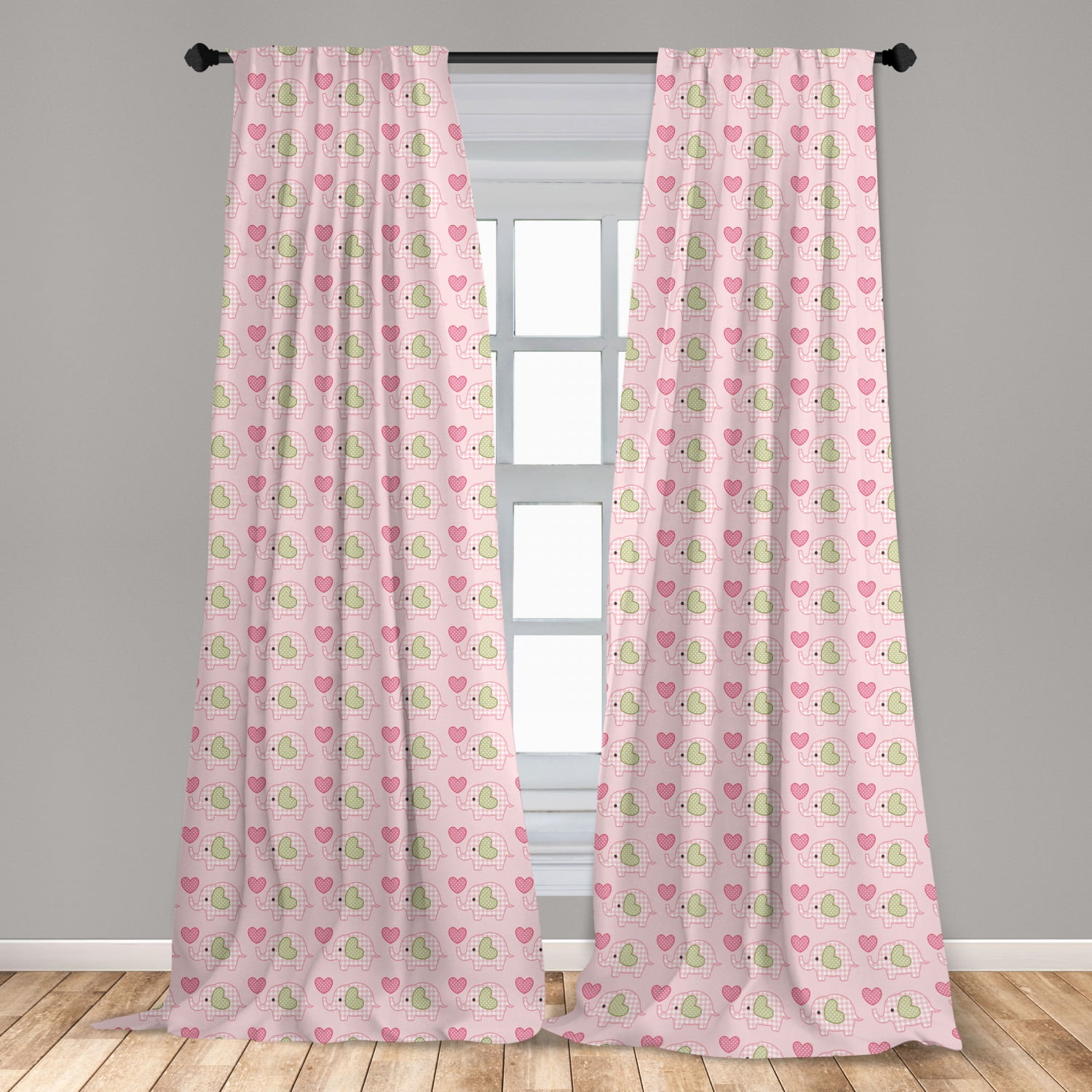 Elephant Curtains 2 Panels Set, Baby with Checkered Patterns and Polka