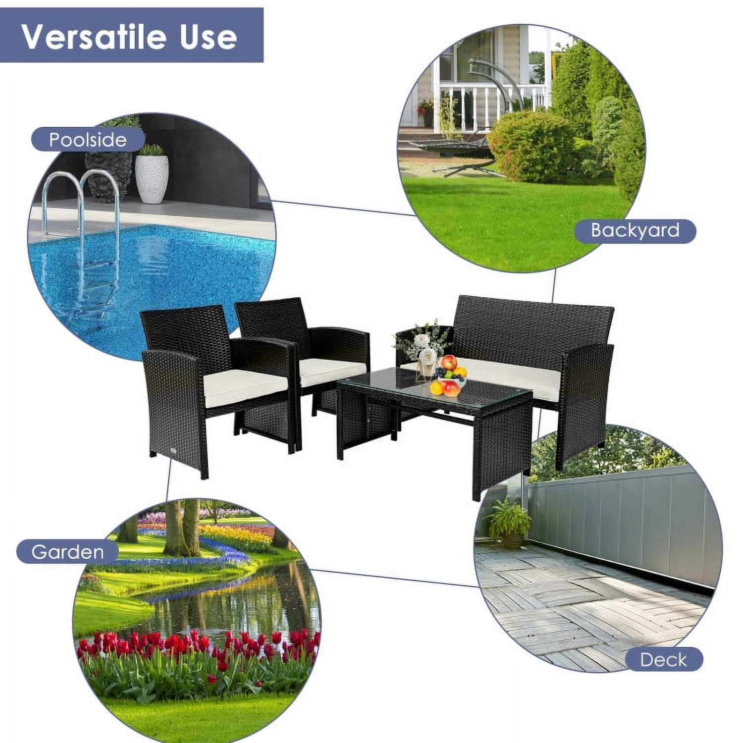 Aimee Lii 4 Pieces Wicker Patio Furniture Set, Coffee Table Cushioned Sofa, Modern Patio Furniture, White Aimee Lii 4 Pieces Wicker Patio Furniture Set, Coffee Table Cushioned Sofa, Modern Patio Furniture, White