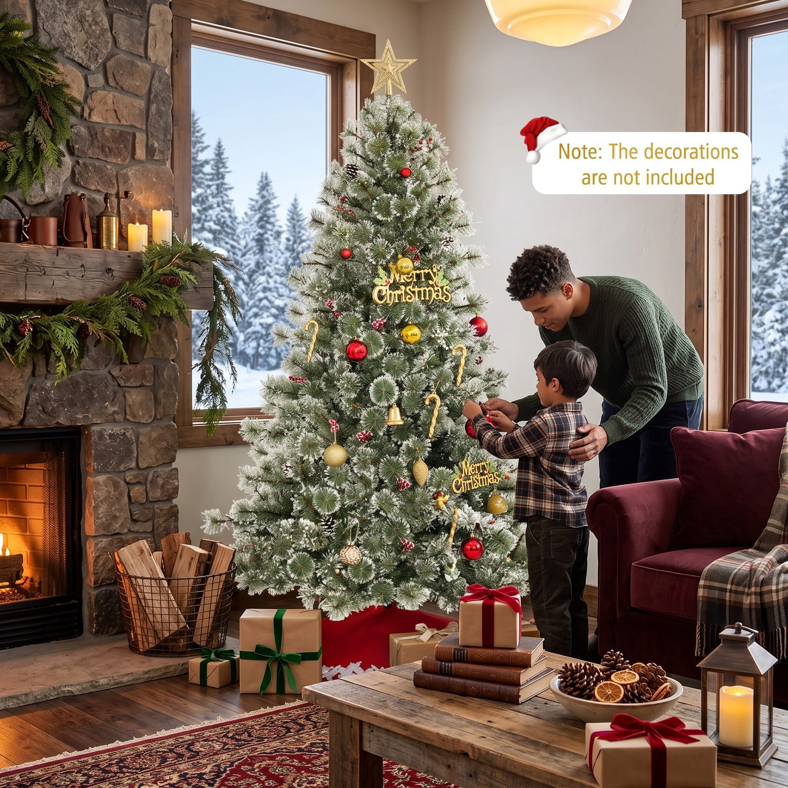 RUIE 6 FT Pre-Lit Artificial Christmas Tree, Hinged Holiday Tree with 350 Color-Changing LED Lights, 598 Branch Tips, Pine Cones and Red Berries, Quick Power, Green