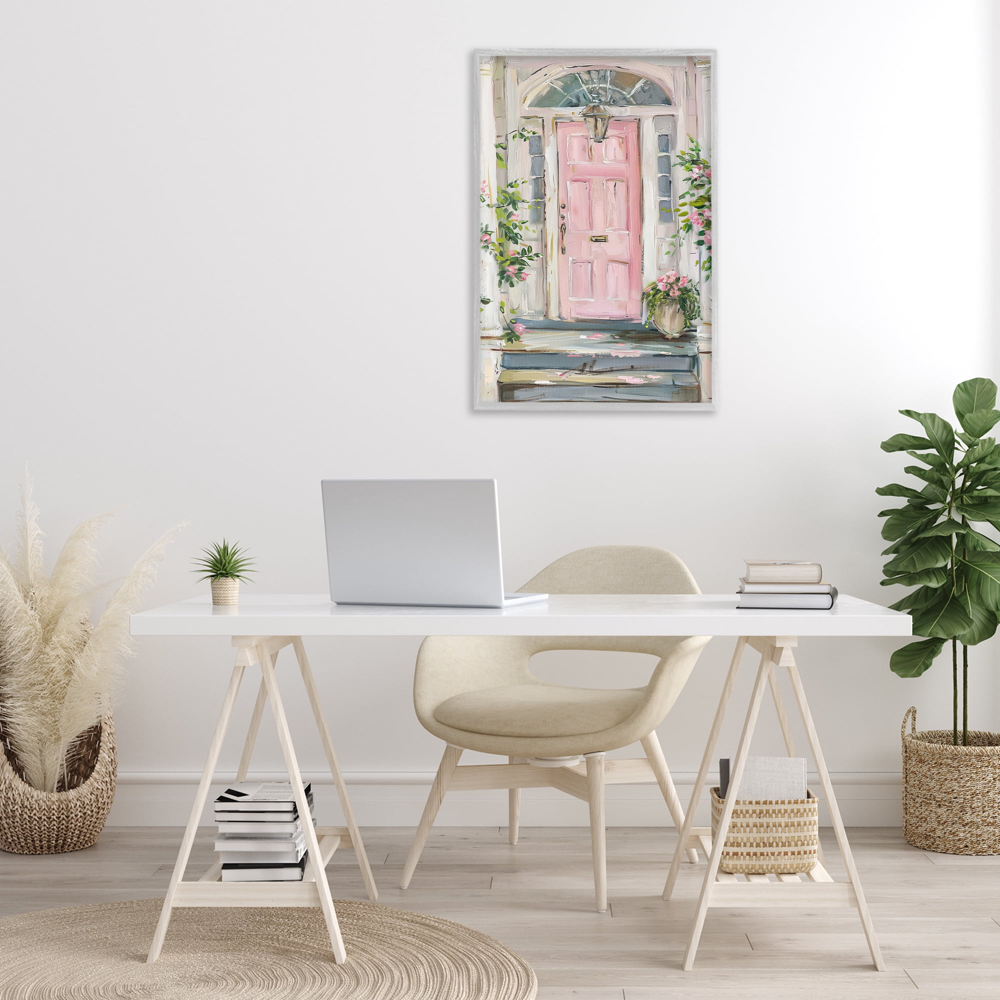 Stupell Industries Pink Door Welcome Town & City Painting Gray Framed Art Print Wall Art, 20 x 30