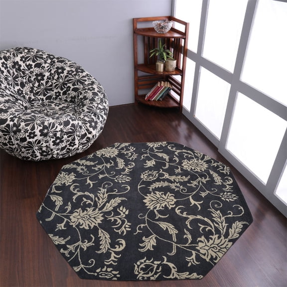 Rugsotic Carpets Hand Tufted Wool Eco-Friendly 8'x8' Area Rugs Octagon Charcoal Beige Floral Modern High Pile Thick Handmade Anti Skid Indoor Rug for Living Room, Bedroom K00542