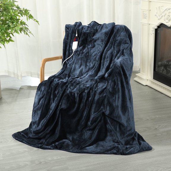 TRUSTWARMTH Electric Heated Blanket Throw 50"x60" with 6 Heating Levels 4 Hours Auto off Fast Heating Over-Heated Protection Ultra Soft Warm Flannel,Warm Gifts,Navy Blue