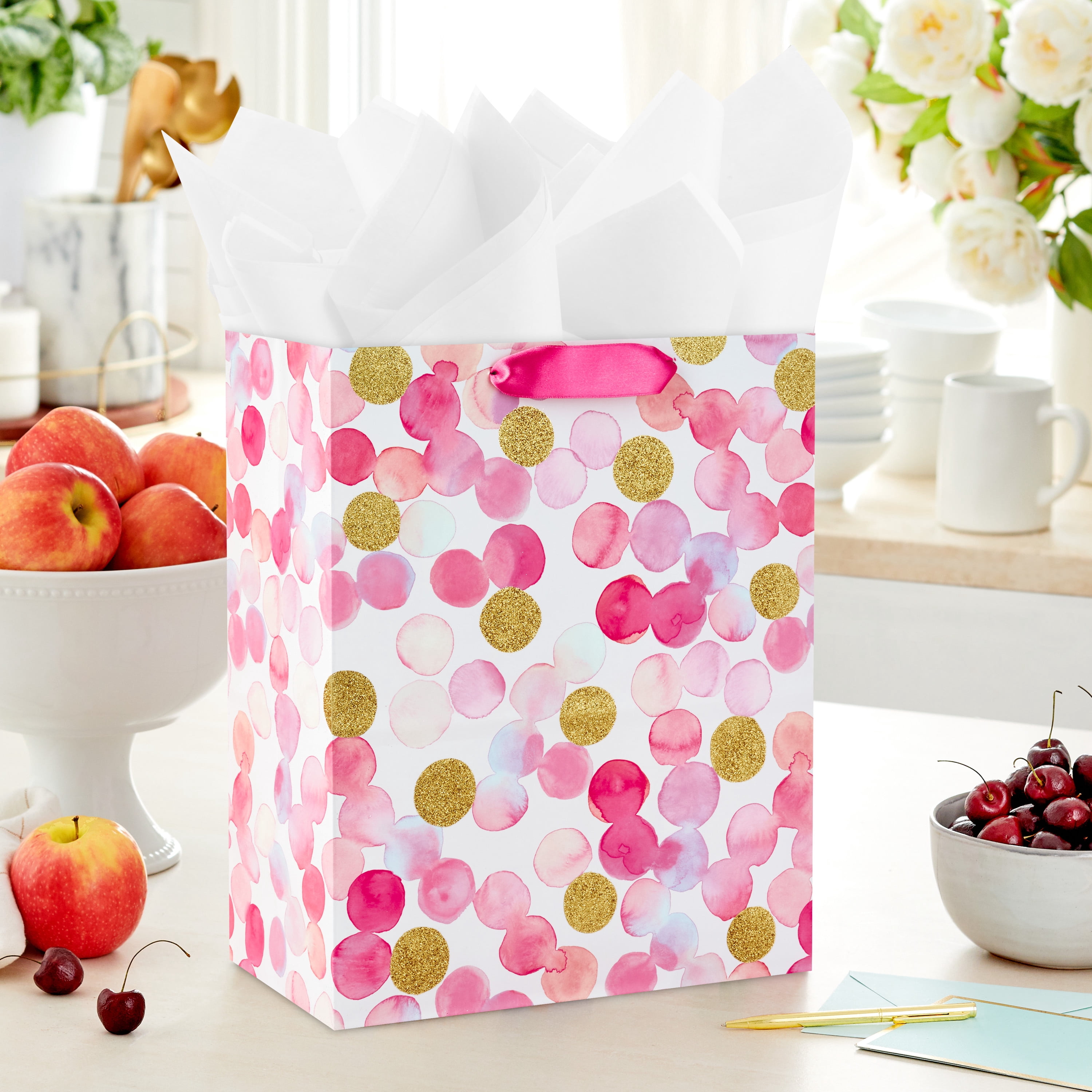 Hallmark Large Gift Bag (Gold Glitter and Pink Watercolor Dots)