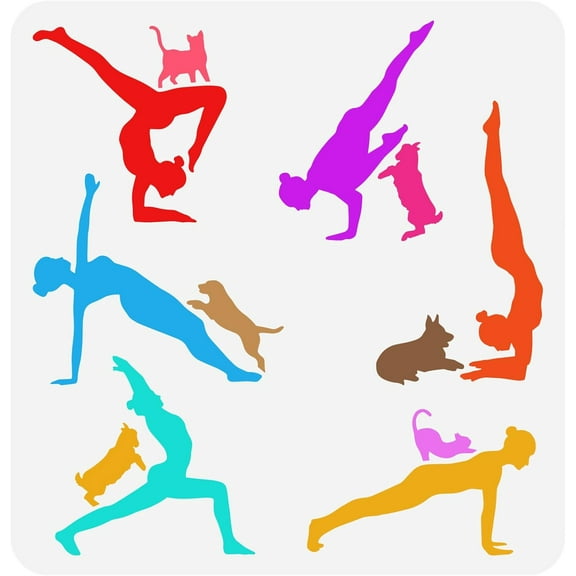 1pc Pose Stencil 11.8x11.8inch Reusable with Cat Dog Painting Template Gymnastics Women Practicing Stencil for Painting on Wood Wall Fabric Canvas Furniture Crafts