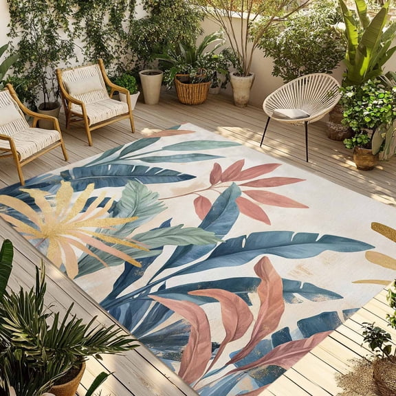 Fsddascl Tropical Leaves Outdoor Rug for Patio/Deck/Porch, Non-Slip Large Area Rug 4 x 6 Ft, Colorful Summer Watercolor Botanical Indoor Outdoor Rugs Washable Area Rugs, Camping Rug Carpet