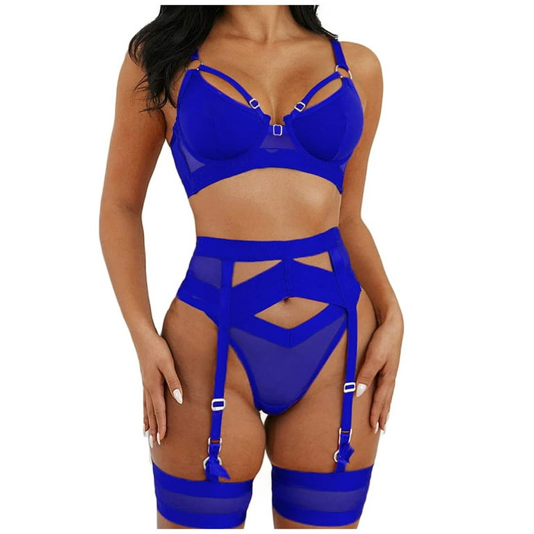 BIZIZA Cute Lingerie Sexy Outfits Womens Corset Bra and Panty 3 Pieces with  Stockings Underwear for Women Royal Blue M