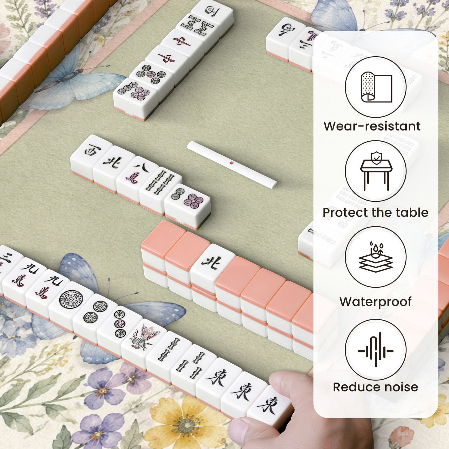 Mahjong Mat 31.5" x 31.5" Delicate Watercolor Blue Butterflies Wildflower Frame Non-Slip Noise Reduction Mahjong Tiles Table Cover for Dominoes Poker Card Board and Tile Games