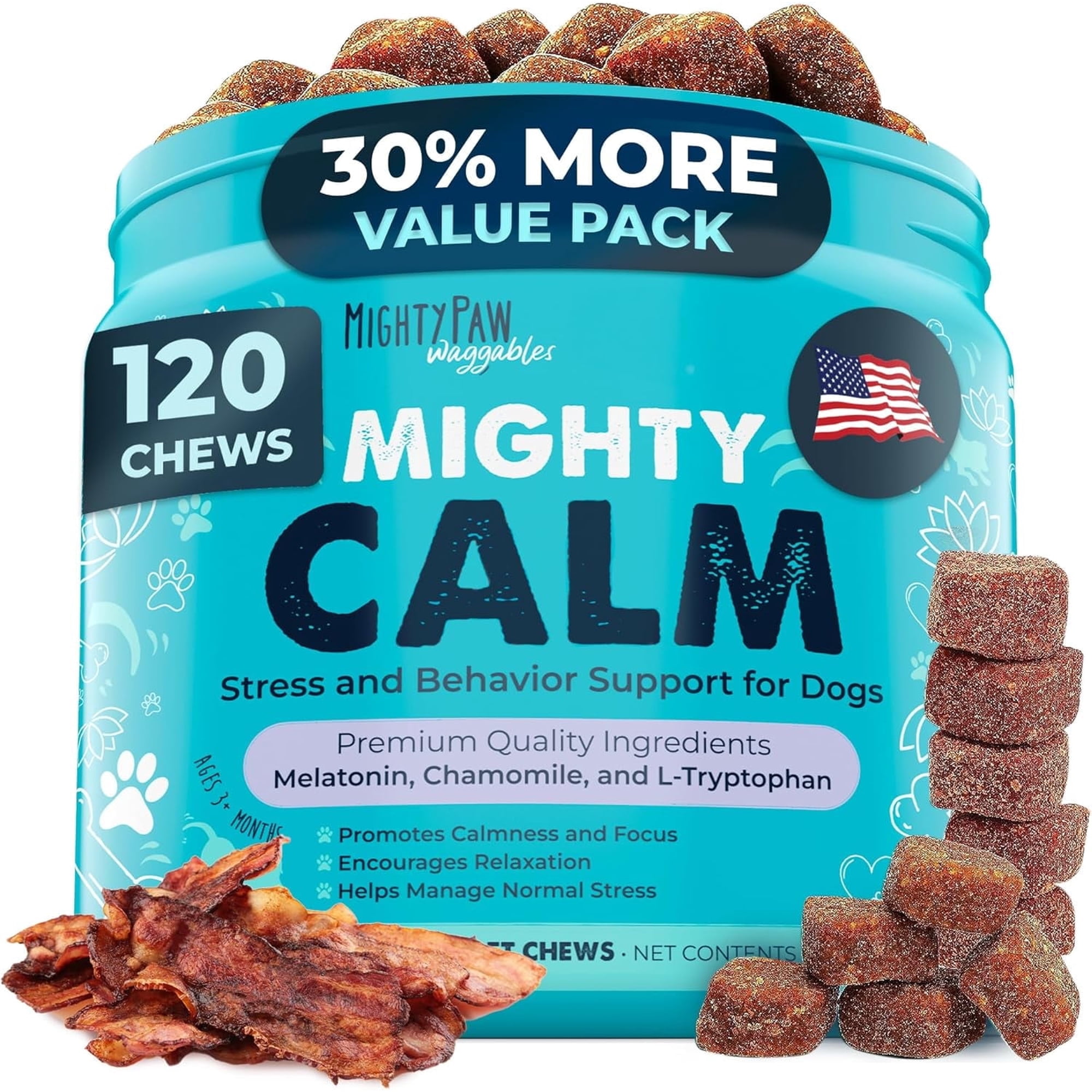 Mighty Paw Dog Calming Chews with Melatonin – Anxiety & Stress Relief Treats for Puppies & Large Dogs, 120 Ct