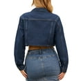 thumbnail image 3 of INSPIRE CHIC Women's Crop Denim Long Sleeve Cargo Pockets Washed Jean Jackets S Dark Blue, 3 of 5