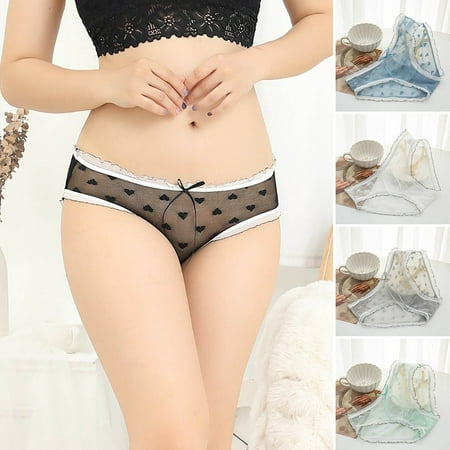 

rygai Low-Rise Bowknot Decor Heart Print Transparent Women Panties Net Yarn Lace Patchwork Briefs Black M