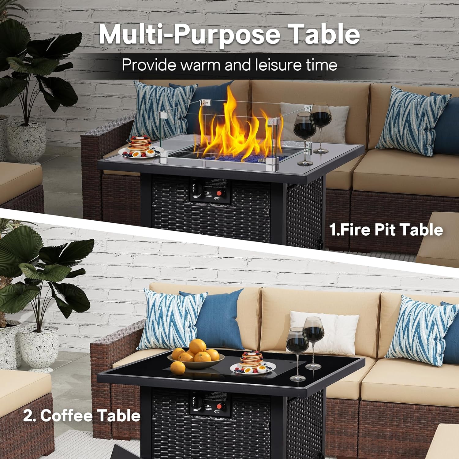 28" Propane Fire Pit Table, 50,000 BTU Steel Gas Firepit, Rectangular Fire Pits with Cover, CSA Certified, Pulse Ignition,Glass Stone,Wind Guard, Ideal for Outdoor Patio,Dining-Black
