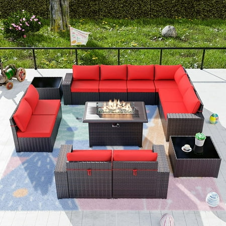 Gotland 13 Pieces Outdoor Patio Furniture with 43 50000BTU Gas Propane Fire Pit Table PE Wicker Rattan Sectional Sofa Patio Conversation Sets Red