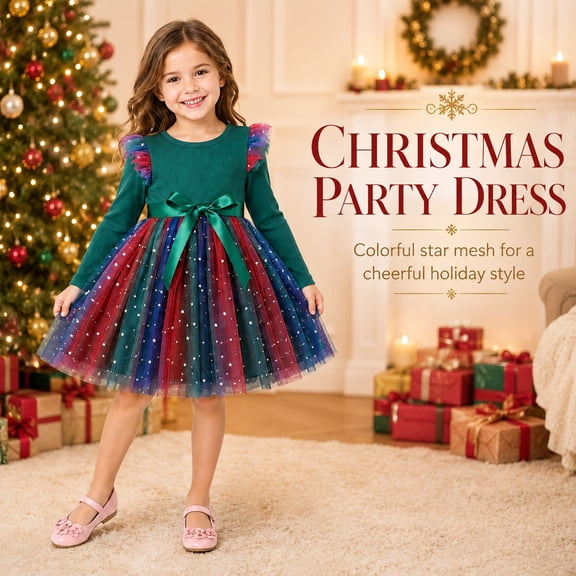 Tfken Girls Christmas Tutu Dress Tiered A-Line Long Sleeve Crew Neck Bow Winter Comfy Soft Flowy Holiday Party Formal Gown,Size 1-7 Years Green
