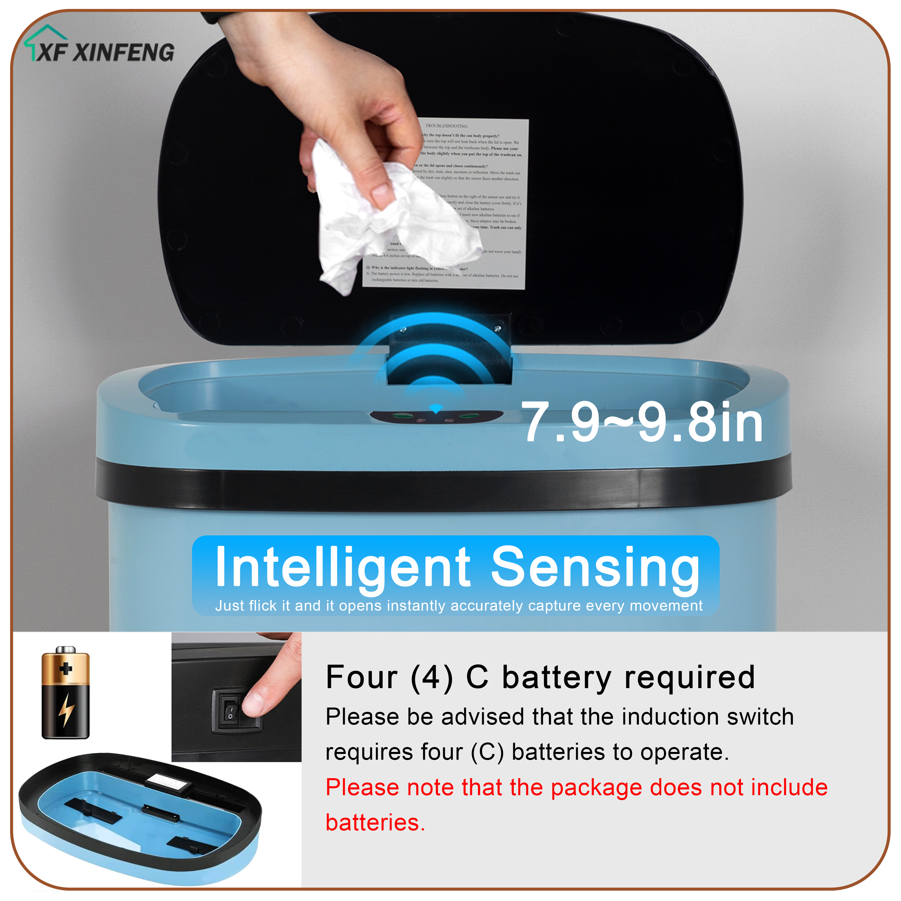XF XINFENG 13 Gallon 49 Litre Dustbin Kitchen Trash Can with Lid Automatic Sensor Touch Bin,Garbage Can, Waste Bin, For Bathroom/Double Bed/Bedroom/Home/Office, Blue