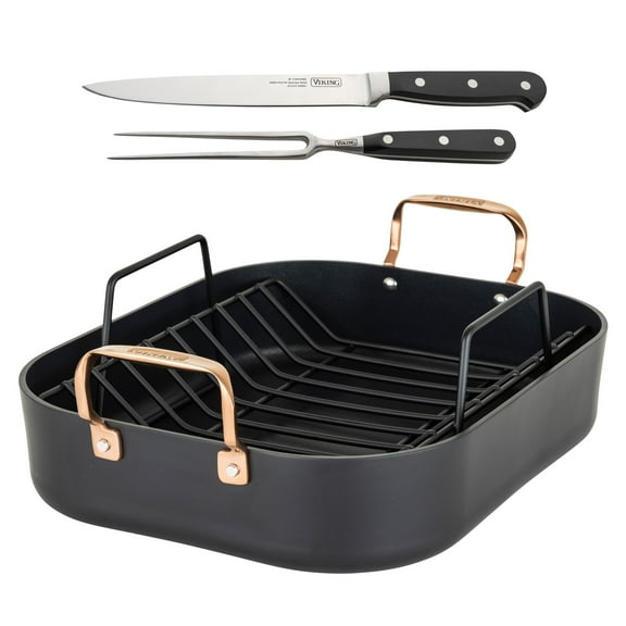 Viking  Hard Anodized Nonstick Roaster with Rack and Carving Set, Copper Handles