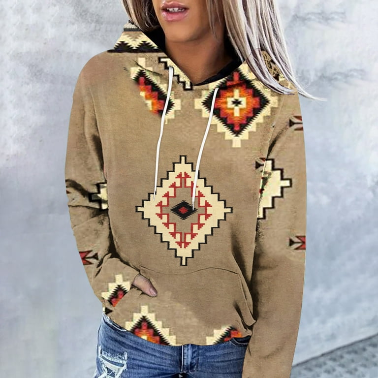 Womens Long Sleeve Tops Western Aztec Hoodie Ethnic Print Hoodie