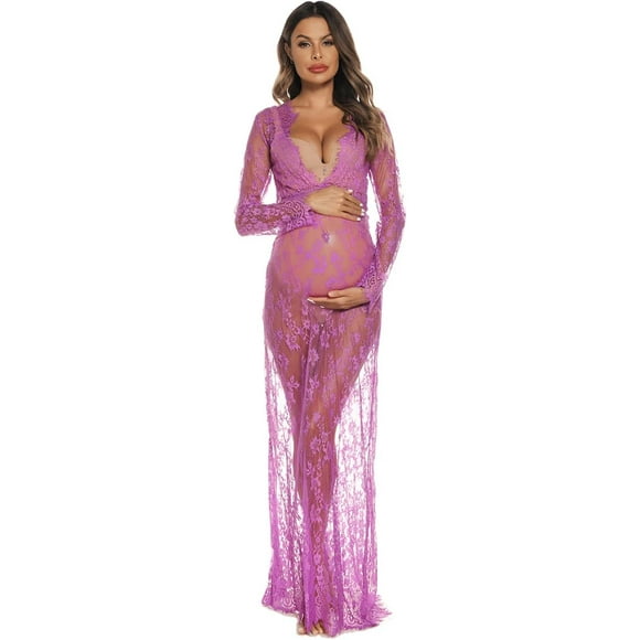 YOU Maternity Dress for Photography Baby Shower Long Gown Lingerie Floral Lace Nightgown Oversized Bikini Cover Up Light Purple Small