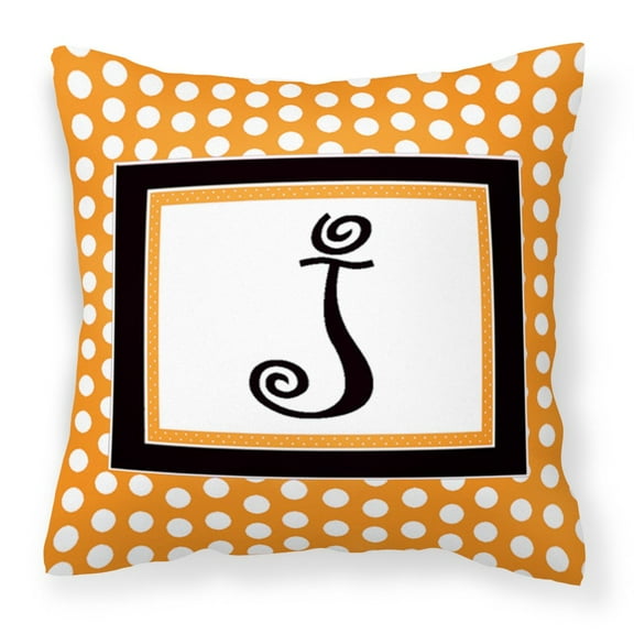 Letter J Initial Monogram - Orange Polkadots Fabric Decorative Pillow
