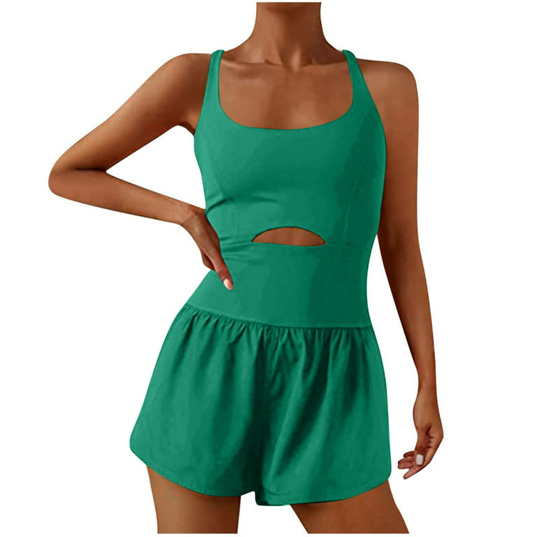 Sksloeg Seamless Romper for Women Cut Out One Piece Back Cross Jumpsuits  Spaghetti Straps Sleeveless Workout Romper,Green M 