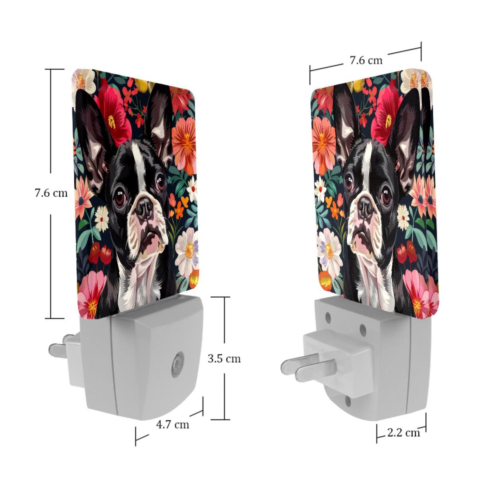 PhooArto Flower Boston Terriers Pattern Plug in LED Night Light Auto Sensor Dusk to Dawn Decorative Night for Bedroom, Bathroom, Kitchen, Hallway, Stairs, Baby's Room, Energy Saving
