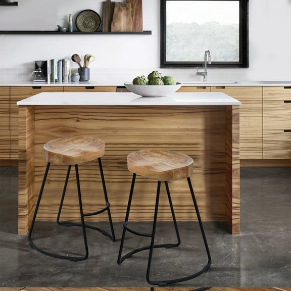 Ela 24 Inch Counter Height Stool Mango Wood Saddle Seat Iron Frame Brown and Black - Saltoro Sherpi