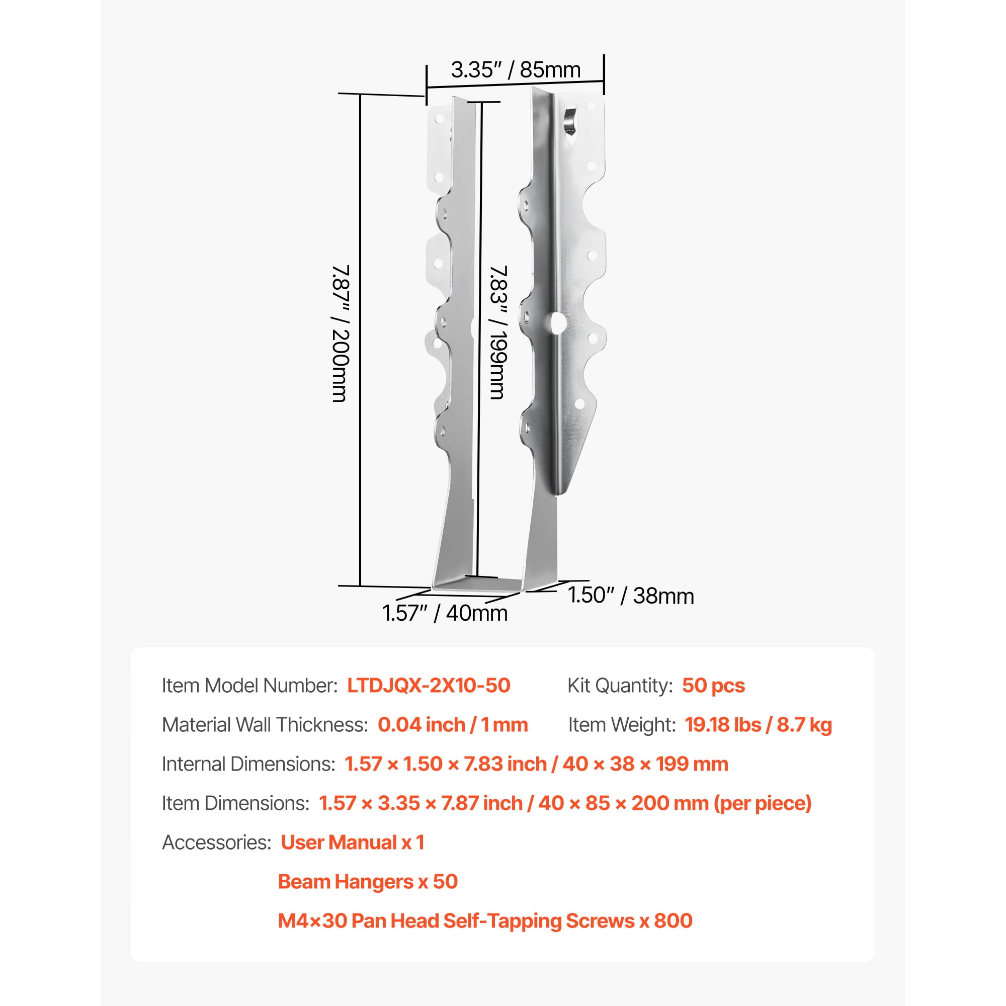 KFFKFF 50-Piece Joist Hanger Set, Dimensions 1.57 x 1.50 x 7.83 inch / 40 x 38 x 199 mm, Rust-Resistant Tie Brackets for Decks, Floors, and Ceiling Trusses